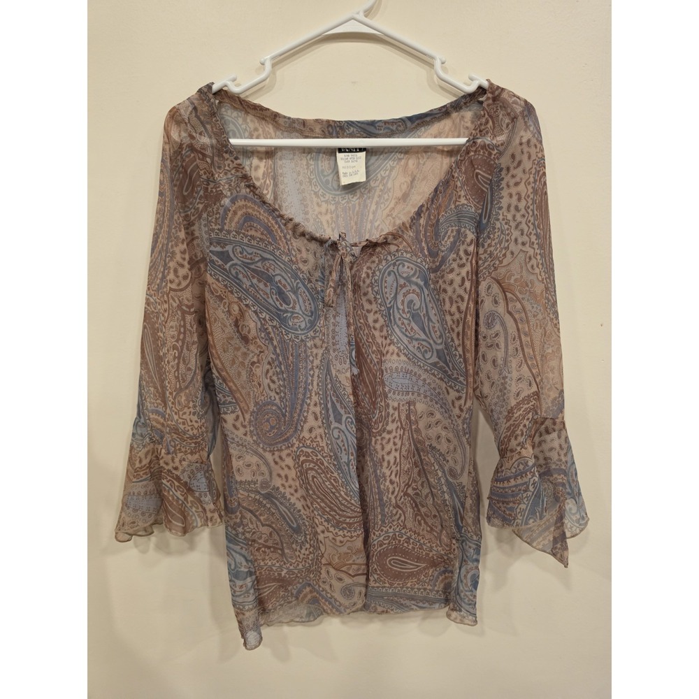 Vintage Vanity Paisley Sheer Blouse Womens Medium Bell Sleeve Boho Hippie